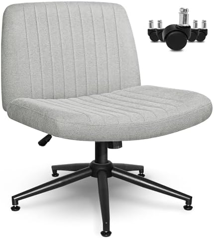 NEO CHAIR Criss Cross Chair with Wheels Armless Cross Legged Office Desk Wide Comfy Vanity Makeup Chair Adjustable Swivel Rolling Computer for Home Office Fabric (Grey)