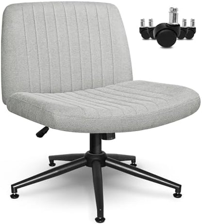 NEO CHAIR Criss Cross Chair with Wheels Armless Cross Legged Office Desk Wide Comfy Vanity Makeup Chair Adjustable Swivel Rolling Computer for Home Office Fabric (Grey)