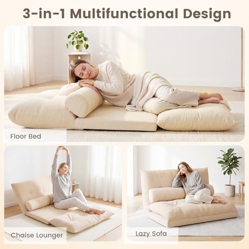 GIANTEX Adjustable Floor Sofa Couch with 2 Pillows, Multi-Functional 6-Position Foldable Lazy Sofa Sleeper Bed, Multi-Functional Suede Floor Seating for Reading Gaming (Beige)