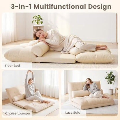 GIANTEX Adjustable Floor Sofa Couch with 2 Pillows, Multi-Functional 6-Position Foldable Lazy Sofa Sleeper Bed, Multi-Functional Suede Floor Seating for Reading Gaming (Beige)