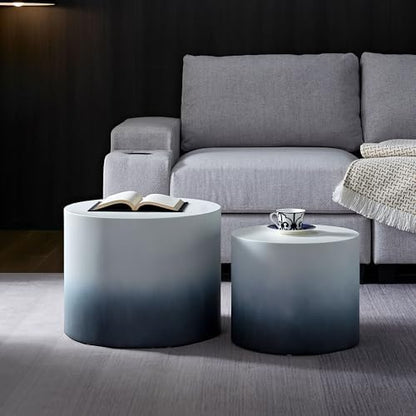 18.9" Gradient Color Nesting Coffee Table Set of 2 for Living Room, Modern Round Coffee Tables Accent Circle Tea Table Set for Small Space, No Assembling, White + Blue
