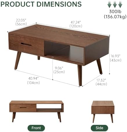 100% Solid Oak Coffee Table for Living Room,Fully Assembled, 47.24'' W