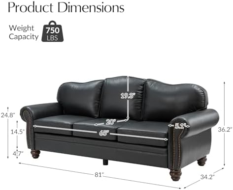 HULALA Home 81" Genuine Leather Sofa with Rolled Armrests, Black