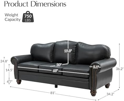 HULALA Home 81" Genuine Leather Sofa with Rolled Armrests, Black