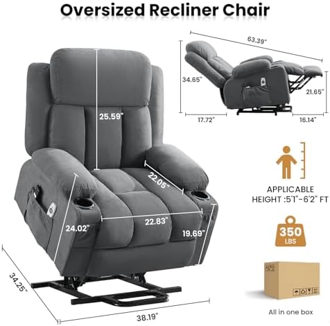 MAHOMICO Power Lift Recliner Chair for Elderly with Vibration Massage and Lumbar Heating Electric Oversized Single Sofa with Cup Holder and USB Charge Port for Living Room