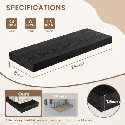 Dreamland 24 Inches Wall Mounted Wood Floating Shelves, Black, 2 Pack