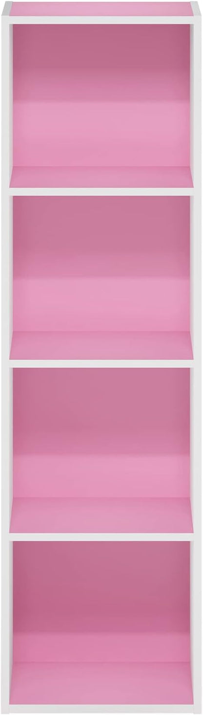 Furinno PASIR Book Shelf, 4-Tier Modern Bookshelf, Open Shelves Bookcase 9 x 12 x 42, Easy Assembly, for Living Room, Bedroom, Home Office, Pink/White