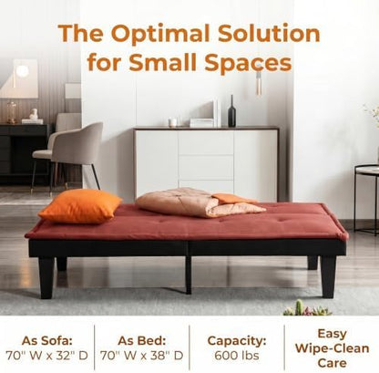 Convertible Futon Sofa Bed, Small Futon Couch with 5-Position Adjustable Backrest, Modern Sofa Bed for Small Spaces, Living Room, Bedroom, Apartment, Dark Red