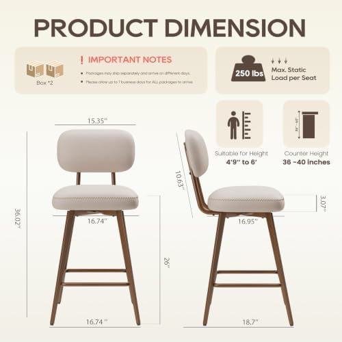 MALOL 26“ PU Leather Swivel Bar Stools Set of 4, Beige