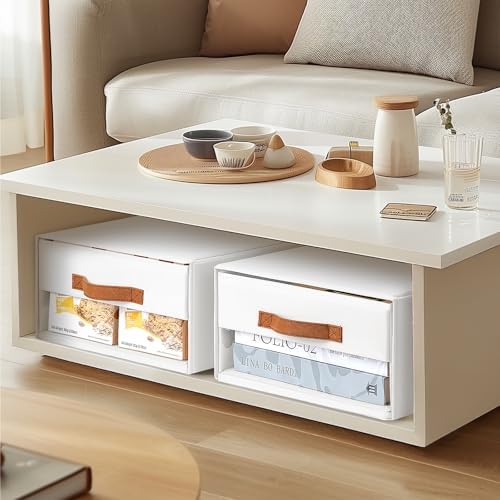 DIMJ Closet Organizers and Storage - Fabric Bins with Drawers for Closet Foldable Clothes Organizers with Clear Window, Stackable Storage Drawers Units for Bedroom, Living Room, 4-Pack, White