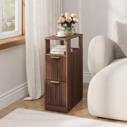 JUSTOGO Narrow Nightstand with Charging Station, Fluted End Table, 1 Pack