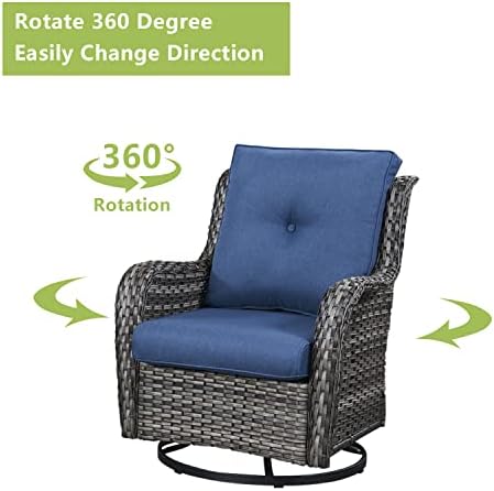 Rilyson Luxury 4 Pieces Patio Wicker Furniture Set, Outdoor Rattan Bistro Set with Rocking Swivel Chair, Ottoman and Thickened Cushions (Grey/Blue)