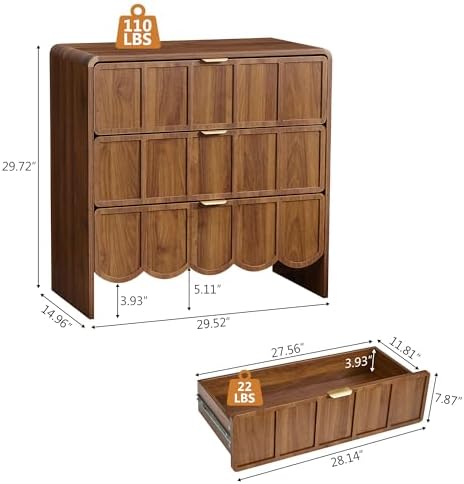 3 Drawer Dresser for Bedroom, Modern Chest of Scalloped Drawer, Walnut