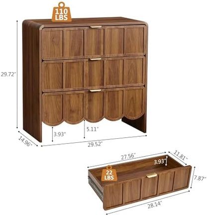3 Drawer Dresser for Bedroom, Modern Chest of Scalloped Drawer, Walnut