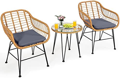 Tangkula 3 Pieces Patio Bistro Set, Rattan Conversation Set with 2 Cushioned Armchairs & Round Glass Coffee Table, Indoor Outdoor Wicker Furniture Set for Balcony, Backyard, Garden, Poolside