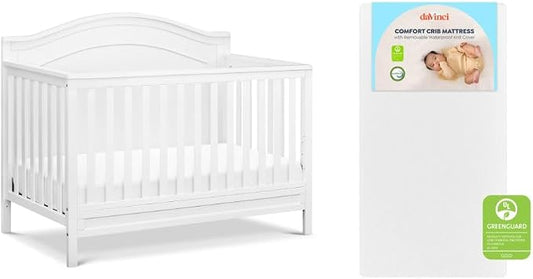 Davinci Charlie 4-in-1 Convertible Baby Crib w/Mattress - White | GREENGUARD Gold Certified, Low-Profile Crib Convertible to Toddler Bed, Daybed, Full Bed - Conversion Kit Sold Separately