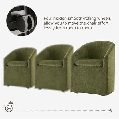 KISLOT Upholstered Dining Chairs with Casters, Washable Cover Modern Dining Room Chairs with Barrel Backrest & Armrest, Vanity Chair with Wheels for Kitchen, Living Room, Bedroom, Green Fabric, 1PCS