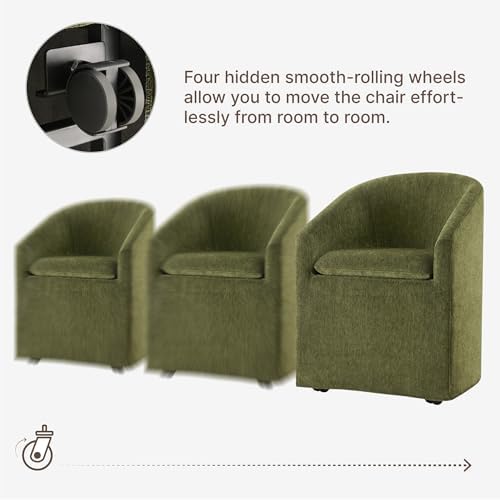 KISLOT Upholstered Dining Chairs with Casters, Washable Cover Modern Dining Room Chairs with Barrel Backrest & Dual Armrest for Kitchen, Living Room, Bedroom, Green Fabric, 2PCS