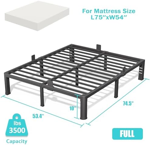 Bilily 10 inch Full Size Metal Bed Frame with Round Corner Legs,Headboard Holes,Heavy Duty Steel Slat Support Platform Full Bed,Mattress Retainer,No Box Spring Needed, Easy Assembly,Squeak Resistant