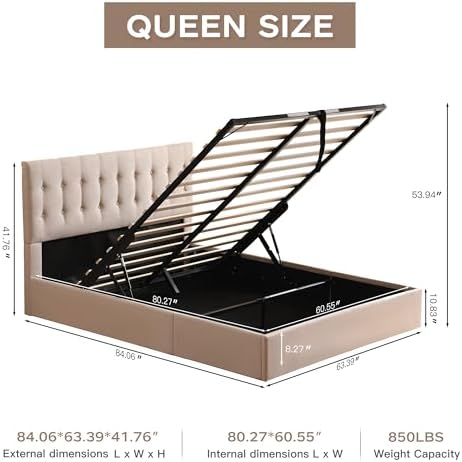 VELOCAVA Queen Size Lift-Up Storage Bed, Modern Upholstered Platform Frame, Ample Under-Bed Storage, Button-Tufted Headboard, Sturdy Wooden Slats, No Box Spring Needed, Linen-Textured Light Khaki