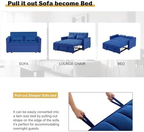 Pull Out Couch, Convertible Sofa Bed With Side Pockets, 3 in 1 Velvet Fabric Loveseat sleeper sofa bed, Love Seat Sleeper Bed with Adjustable Backrest for Living Room, Bedroom, Apartment, Blue