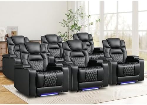 ANJ Power Recliner Chairs Set of 6, Electric PU Leather Home Theater Seating with Adjustable Recline,LED Light, Hidden Arm Storage, USB Port, Cup Holders – Breathable Backrest, FSC Wood Frame,Black