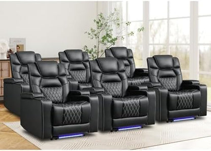 ANJ Power Recliner Chairs Set of 6, Electric PU Leather Home Theater Seating with Adjustable Recline,LED Light, Hidden Arm Storage, USB Port, Cup Holders – Breathable Backrest, FSC Wood Frame,Black