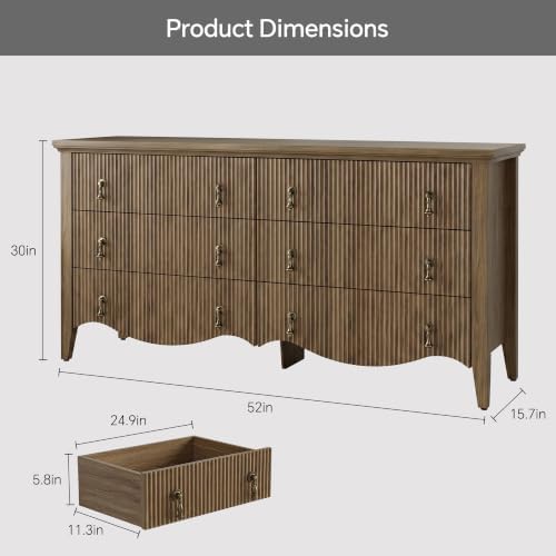 6-Drawer Fluted Dresser, 52" Wide Double Chest of Drawers,Light Oak
