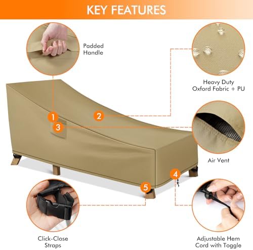 WLEAFJ Patio Chaise Lounge Cover Waterproof, Heavy Duty Outdoor Lounge Chair Covers, Durable Patio Furniture Covers, 78L x 34W x 32H inch - 2 Pack, Khaki