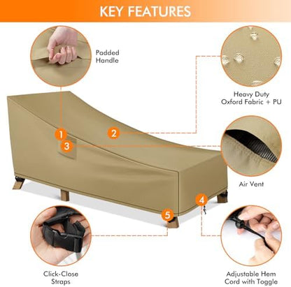 WLEAFJ Patio Chaise Lounge Cover Waterproof, Heavy Duty Outdoor Lounge Chair Covers, Durable Patio Furniture Covers, 78L x 34W x 32H inch - 2 Pack, Khaki