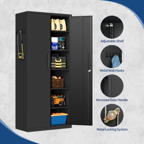 Metal Storage Cabinet with Lock,71” Garage Storage Cabinets with 2 Doors and 5 Adjustable Shelves,Steel Tool Cabinets Locking Metal Cabinet for Home,Office,Warehous,Industria(Black)