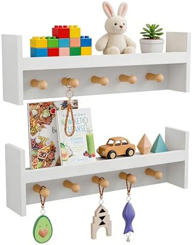 Nursery Floating Shelves Set of 2 - Pine Wood Kids Shelves, Wall Shelf with Hooks, 24 Inches Floating Shelves for Wall Storage, Nursery Shelves for Kids Room, Bedroom, Entryway(White)