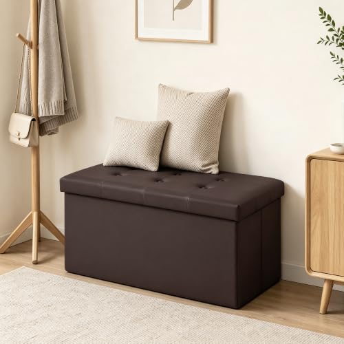 30 Inches Folding Storage Ottoman Bench, Faux Leather Footstool Ottoman, Storage Trunk Footrest for Bedroom, Living Room and Hallway, Support 350lbs, Brown(Brown line)