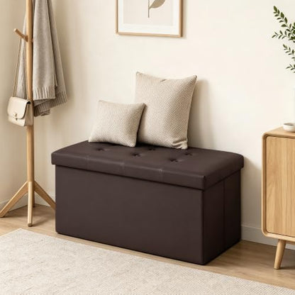 30 Inches Folding Storage Ottoman Bench, Faux Leather Footstool Ottoman, Storage Trunk Footrest for Bedroom, Living Room and Hallway, Support 350lbs, Brown(Brown line)