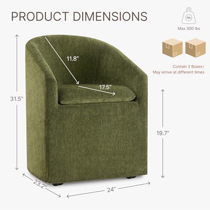KISLOT Upholstered Dining Chairs with Casters, Washable Cover Modern Dining Room Chairs with Barrel Backrest & Dual Armrest for Kitchen, Living Room, Bedroom, Green Fabric, 2PCS