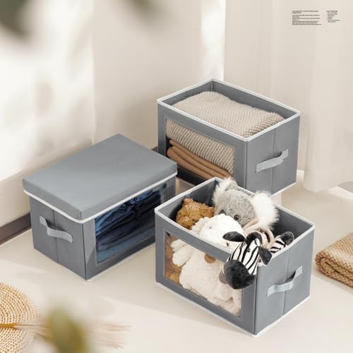 Stackable Storage Bins with Lids - Medium Storage Box with Lids, Foldable Closet Boxes for Organizing, Wardrobe Clothes Organizer with Window, Cubes Bins for Living Room, 5 Pack, Grey