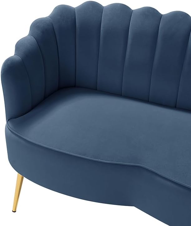 Velvet Upholstered Loveseat Sofa with Gold Metal Legs, Modern Comfy Small Love Seat with Flower Shaped Back, 2-Seater Sofa Accent Couch for Living Bedroom Leisure Areas, Slate Blue