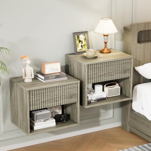 VINGLI Floating Nightstand Set of 2 Gray Fluted Nightstands with 1 Drawer, Grey Night Stand for Bedroom, Wood Bed Side Table, Fluted Nightstand End Table for Bedroom and Living Room