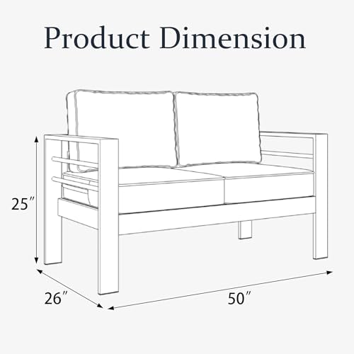 LayinSun Aluminum Patio Loveseat Sofa, All-Weather Metal Modern 2 Seater Outdoor Sofa with 5" Thick Cushion