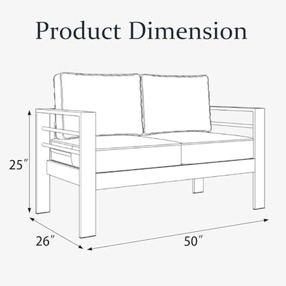 LayinSun Aluminum Patio Loveseat Sofa, All-Weather Metal Modern 2 Seater Outdoor Sofa with 5" Thick Cushion