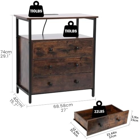 27" Nightstand Set 2 with Charging Station & 3 Drawer, Retro Brown