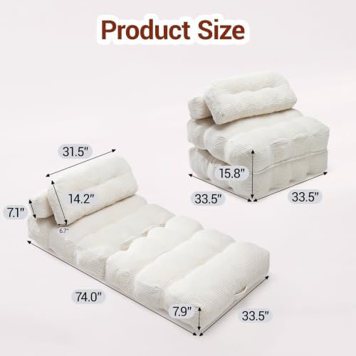 Folding Sofa Bed with Pillow & Pocket, Cream White