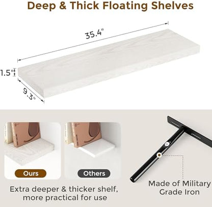 36 Inch Long Floating Shelves for Wall, 9.3 Inch Deep Floating Shelf with Heavy-Duty Bracket, 2 Pack Long Shelves for Bathroom, Living Room, Bedroom, Wall Mounted Storage Shelf for Books Decor, Brich
