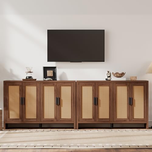 Rattan Buffet Cabinet with Storage, Sideboard Cabinet with Doors and Adjustable Shelves, Farmhouse Coffee Bar Station Table, Modern Wood Cupboard for Kitchen, Livingroom, Walnut