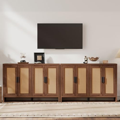 Rattan Buffet Cabinet with Storage, Sideboard Cabinet with Doors and Adjustable Shelves, Farmhouse Coffee Bar Station Table, Modern Wood Cupboard for Kitchen, Livingroom, Walnut