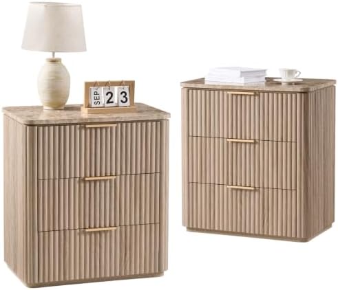 Curved Fluted Nightstand Set of 2 with Faux Marble Top, Natural Oak
