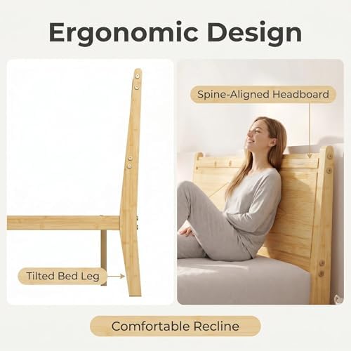 14 inch Bamboo Twin XLBed Frame with Headboard, Light Cottagecore Solid Wood Platform Bed No Box Spring Needed, Easy Assembly, Noise Free