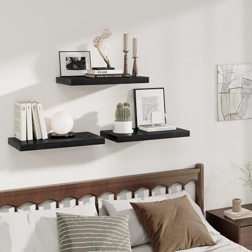 24 x 12 Inch Deep Floating Shelves, 12 Inch Deep Rustic Wooden Book Shelf, Extra Deeper & Thicker Hanging Shelves for Living Room, Bathroom, Bedroom, Kitchen, Office, Set of 2 (Black)