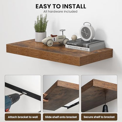Dreamland 72" Floating Shelves for Wall, 12" Deep Thicker Floating Shelves, Wall-Mounted Shelves for Bedroom, Living Room, Kitchen, Bathroom,Rustic Brown - Set of 1