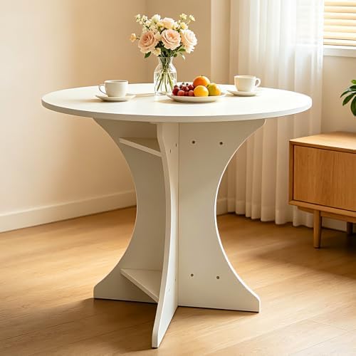 32" Modern Round Dining Table for 2-4 People Circle Farmhouse Kitchen Table Small Space Dining Room Table with White Top & Pedestal Base for Dining Room/Kitchen/Living Room